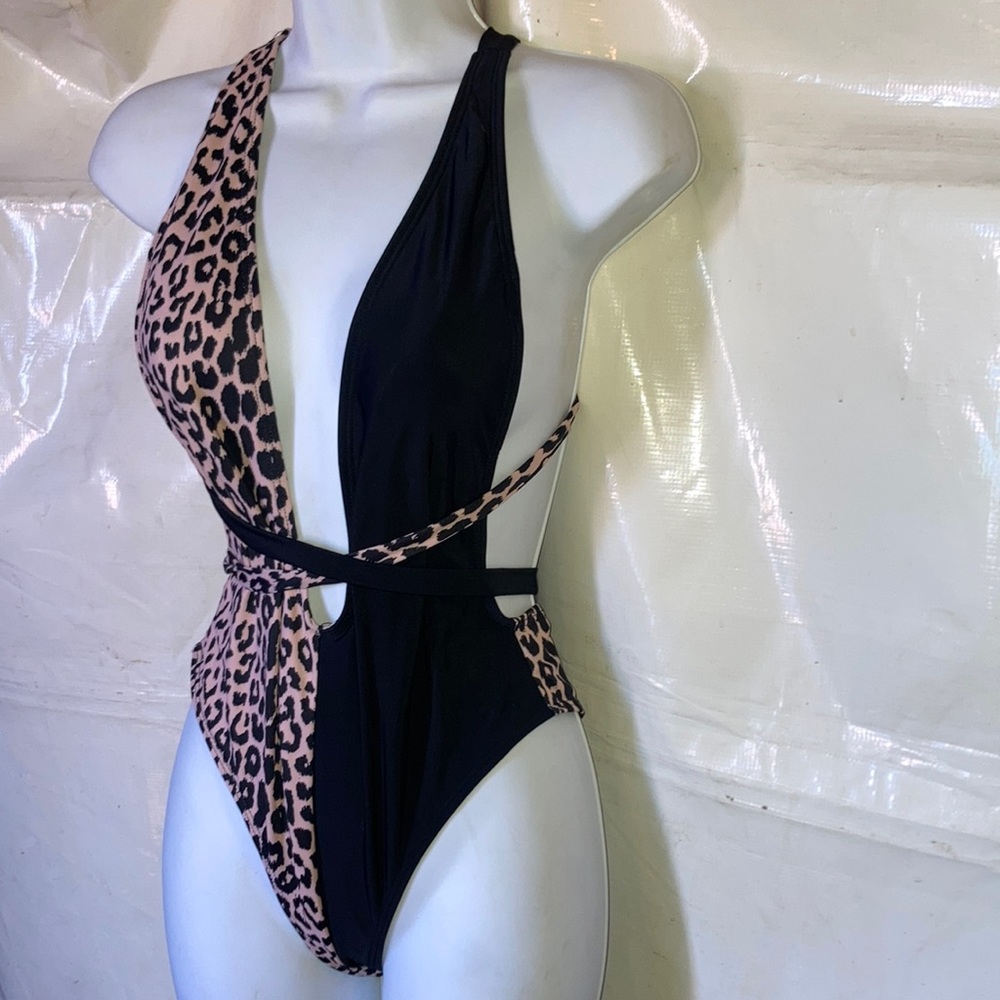 Sexy leopard print/black super plunged wrap one-piece swimsuit